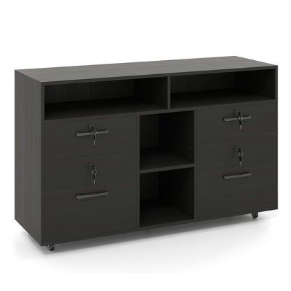 File Cabinet with Lock Mobile Lateral Filing Storage Organizer Modern Rolling Printer Stand-Black