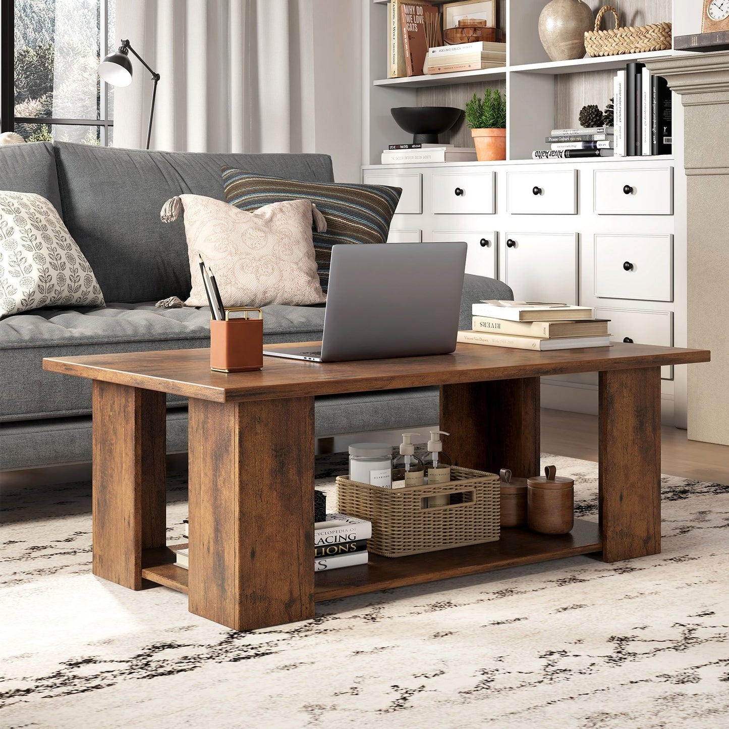 Large 36/41 Inch 2-tier Wooden Modern Coffee Table with Storage Shelf-Black