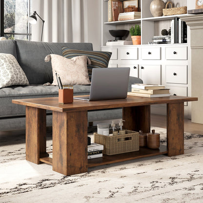 Large 36/41 Inch 2-tier Wooden Modern Coffee Table with Storage Shelf-Black