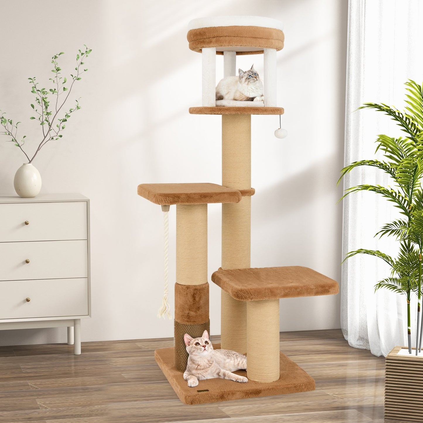 65 Inches Tall Cat Tree with Self-groomer and Removable Cat Bed-Coffee