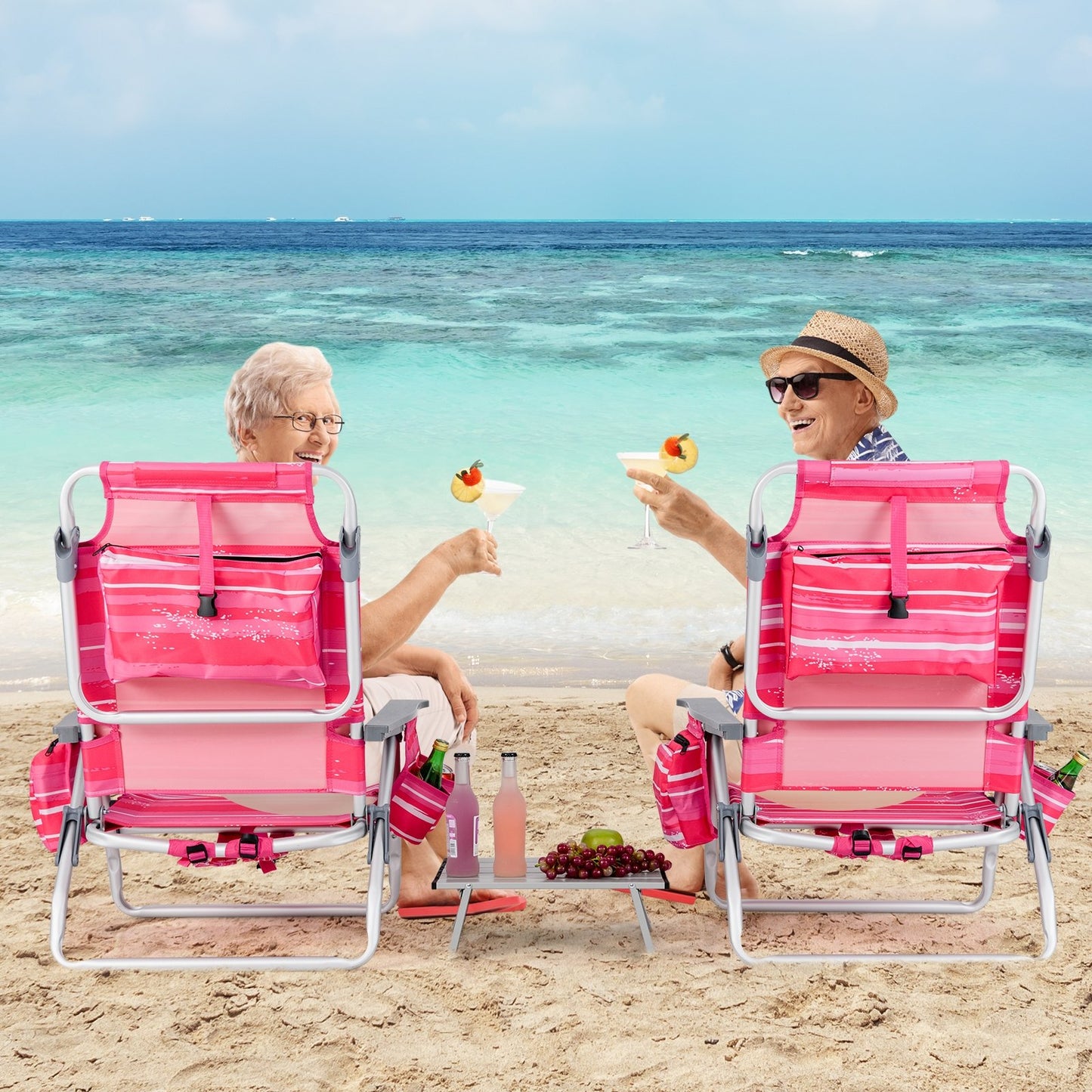 2 Packs 5-Position Outdoor Folding Backpack Beach Table Chair Reclining Chair Set-Blue