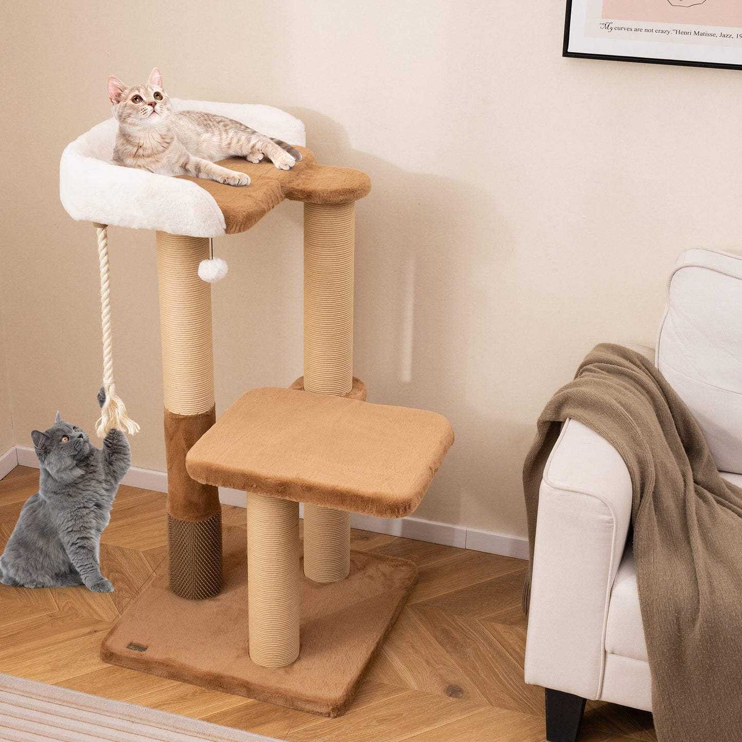 44 Inches Modern Cat Tree for Indoor Cats with Plush Padded Perch and Dangling Ball-Coffee