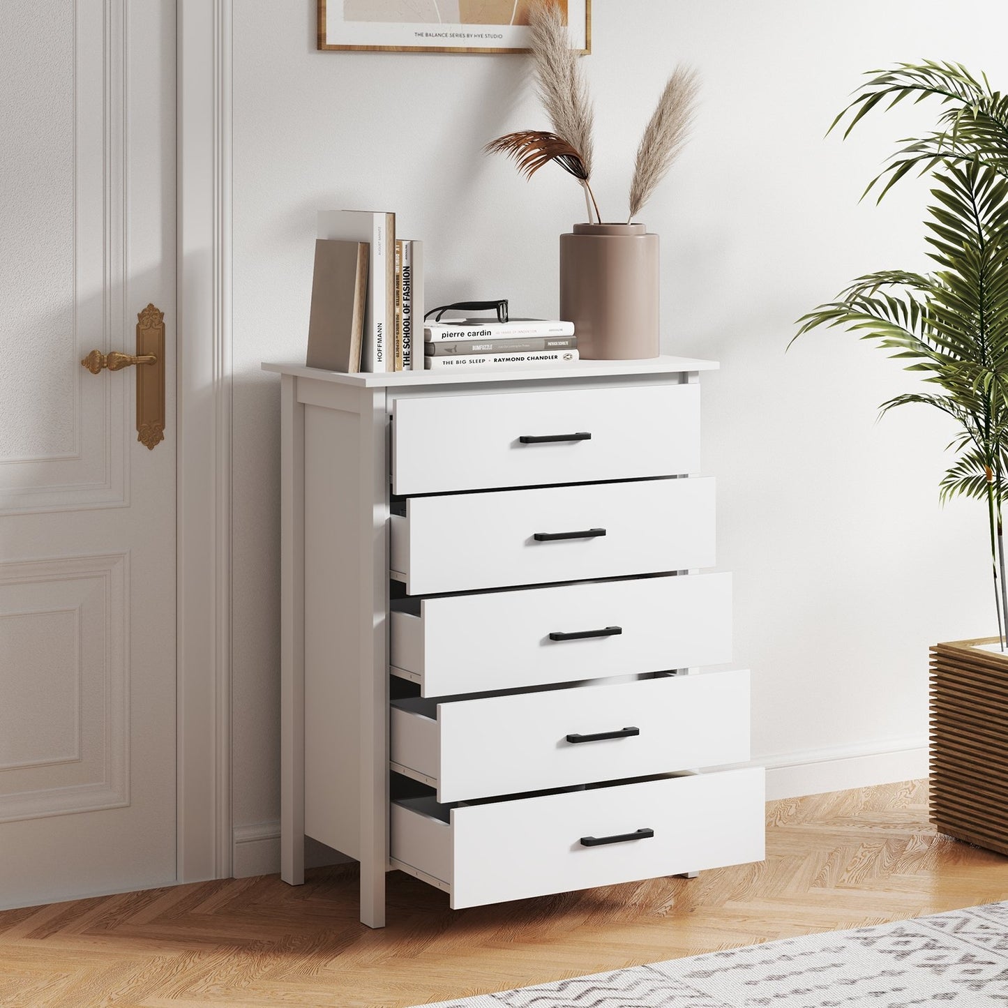 Modern 5-Drawer Multipurpose Chest Dresser with Metal Handles-Black