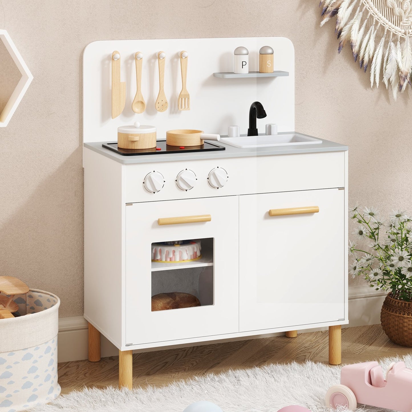 Kids Kitchen Playset with Cooking Accessories and Storage-Pink
