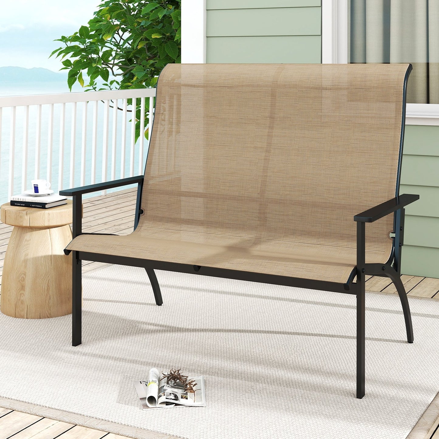 2-Person Patio Garden Bench with High Back and Armrests-Coffee
