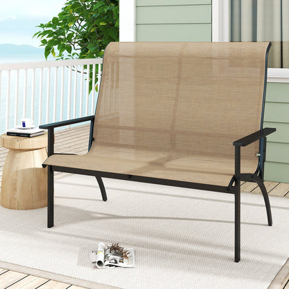 2-Person Patio Garden Bench with High Back and Armrests-Coffee