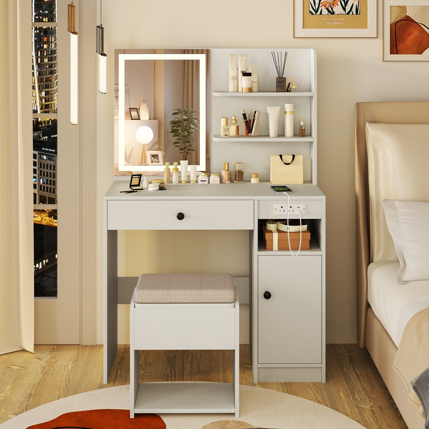Vanity Desk with Mirror and Lights-Black