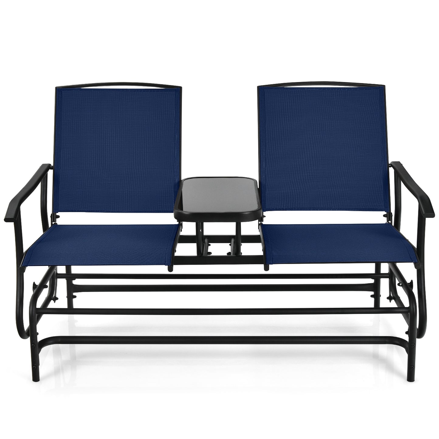 2-Person Double Rocking Loveseat with Mesh Fabric and Center Tempered Glass Table
