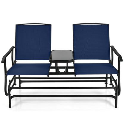 2-Person Double Rocking Loveseat with Mesh Fabric and Center Tempered Glass Table