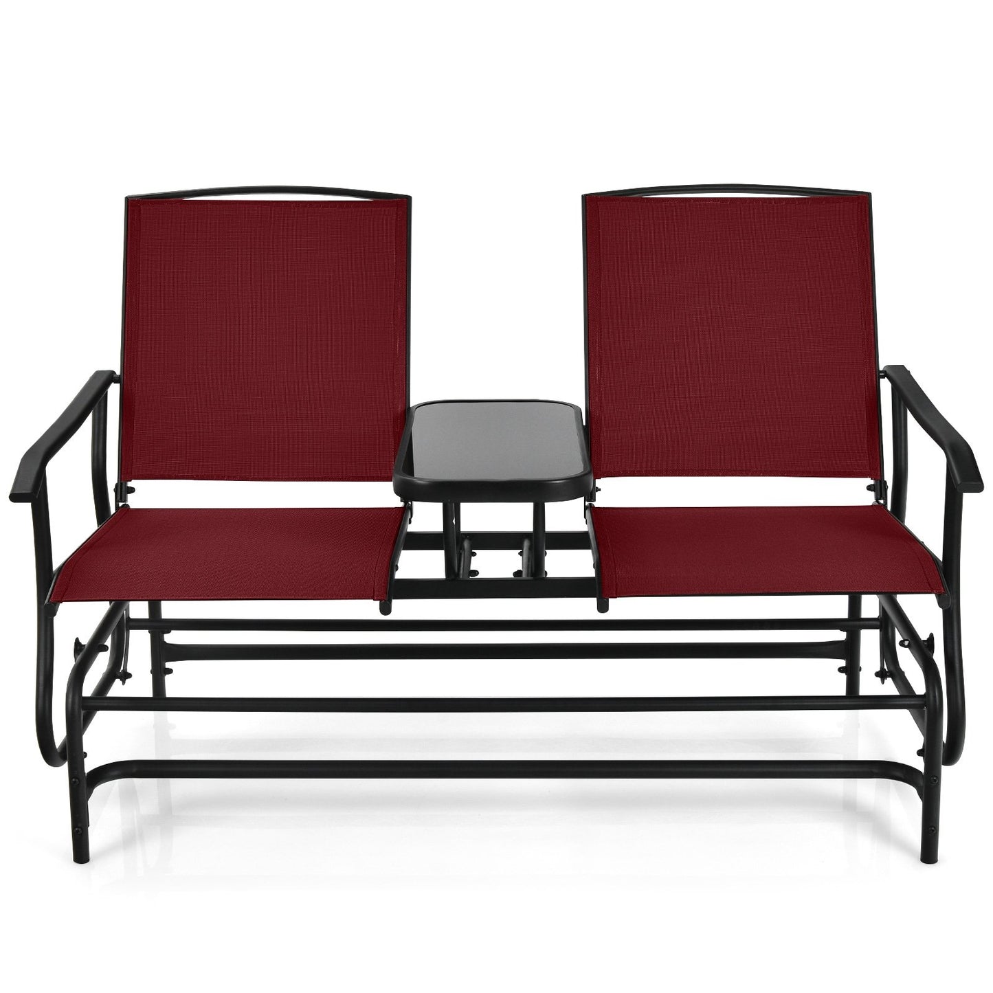 2-Person Double Rocking Loveseat with Mesh Fabric and Center Tempered Glass Table
