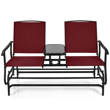 2-Person Double Rocking Loveseat with Mesh Fabric and Center Tempered Glass Table