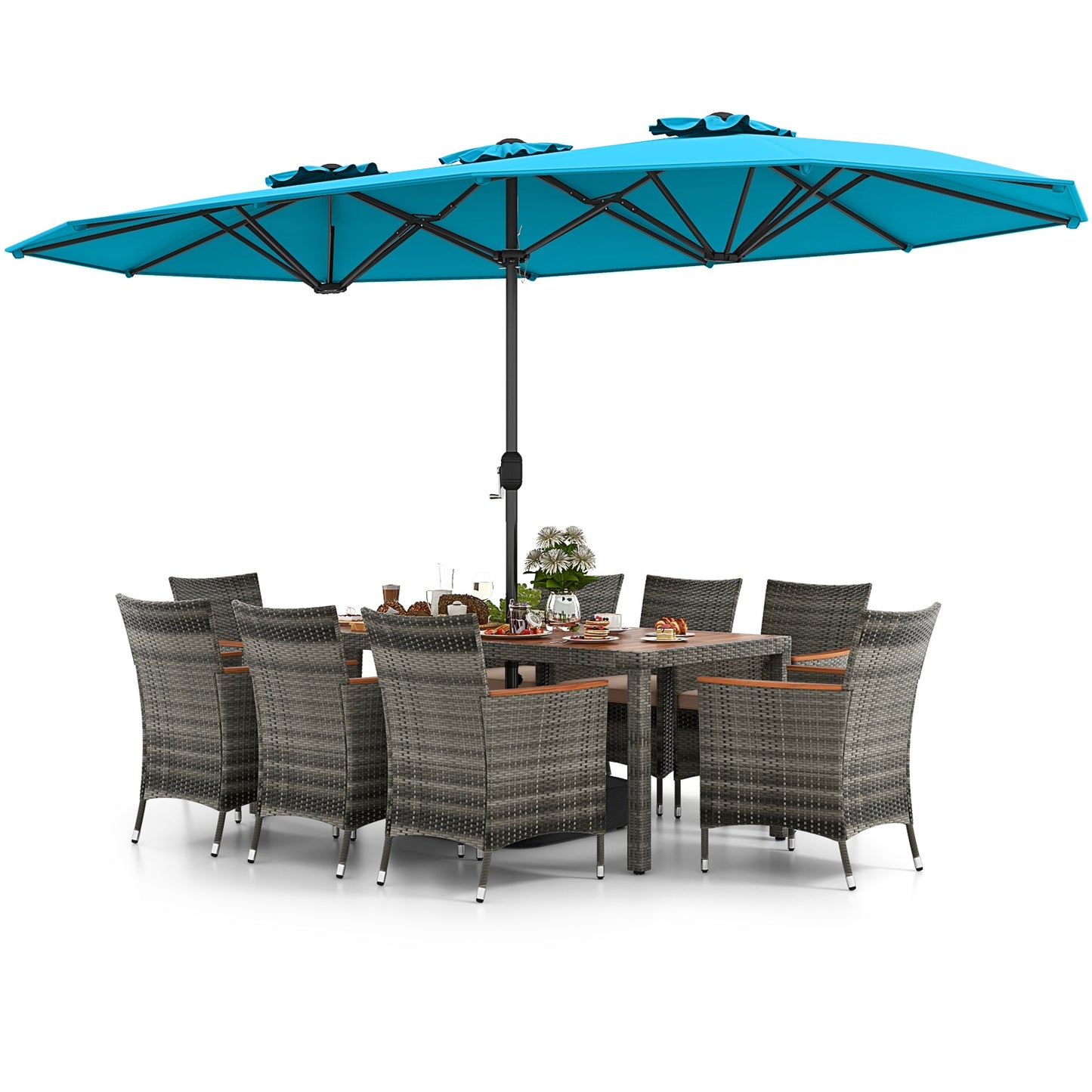 10 Pieces Patio Wicker Dining Set with 15 Feet Double-Sided Patio Umbrella-Turquoise