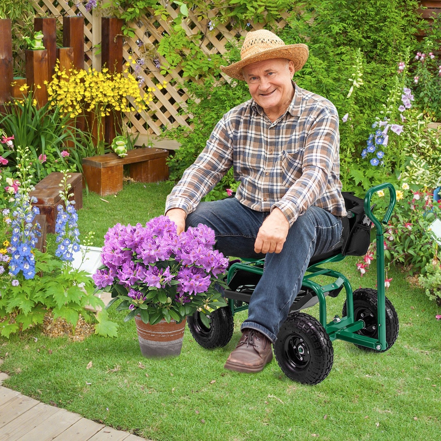 Cushioned Rolling Garden Cart Scooter with Storage Basket and Tool Pouch-Black & Red