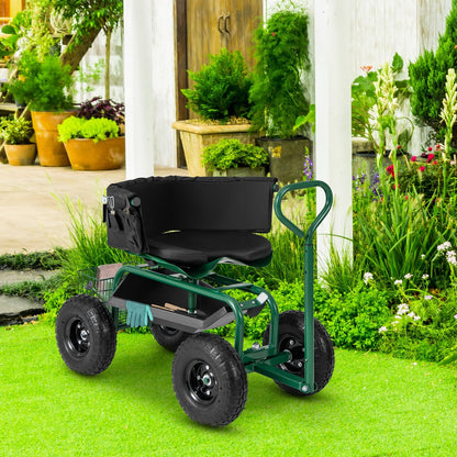 Cushioned Rolling Garden Cart Scooter with Storage Basket and Tool Pouch-Black & Red