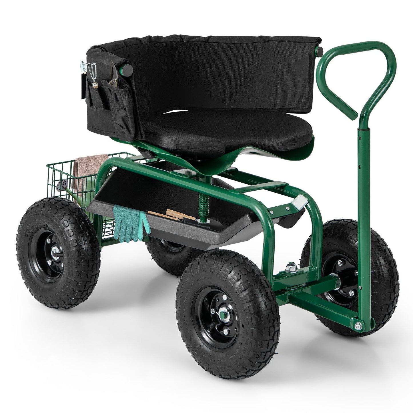 Cushioned Rolling Garden Cart Scooter with Storage Basket and Tool Pouch-Black & Red