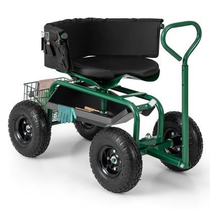Cushioned Rolling Garden Cart Scooter with Storage Basket and Tool Pouch-Black & Red