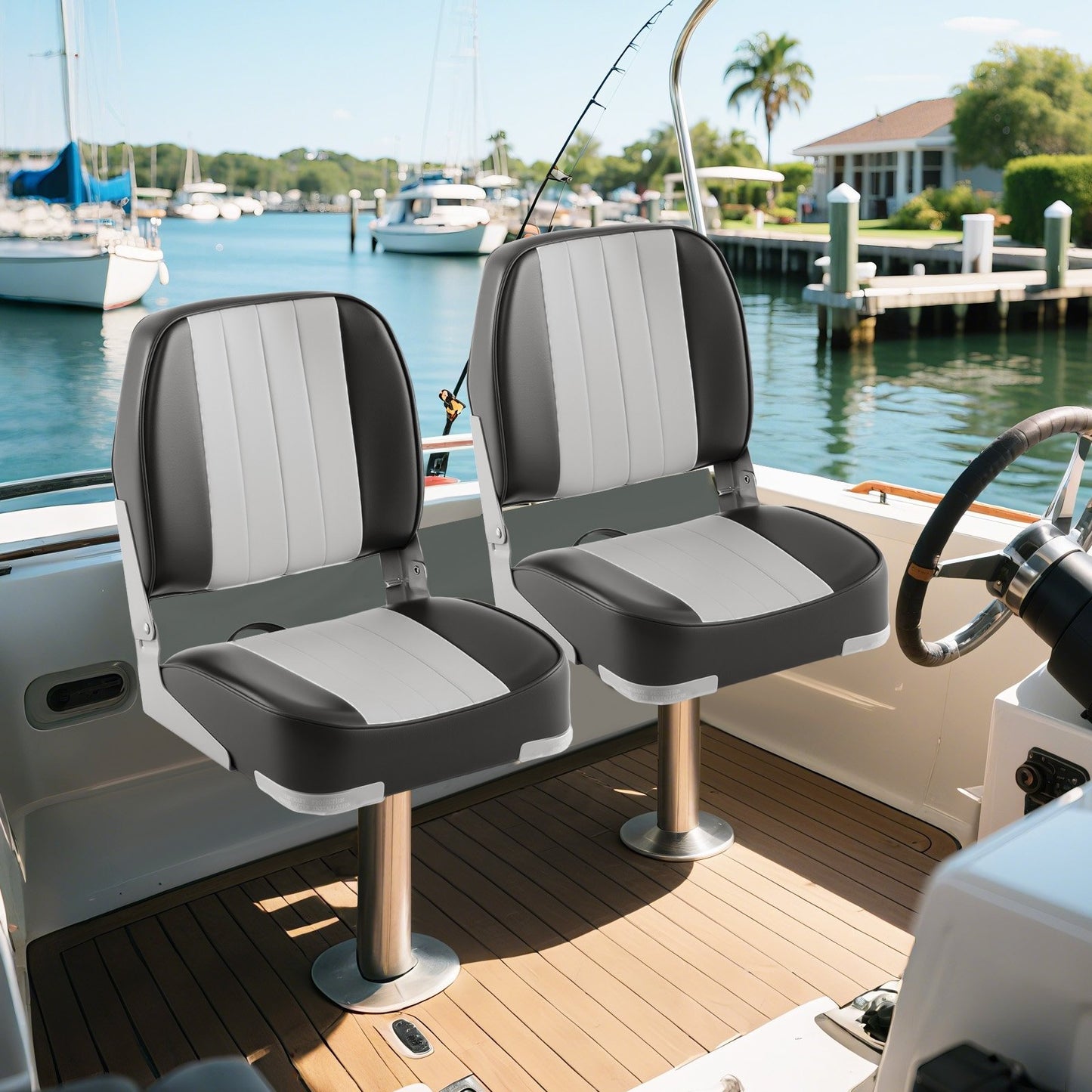 2-Pack Boat Seats Folding Low Back Boat Chairs Waterproof PVC Leather Cabin Seating-Blue