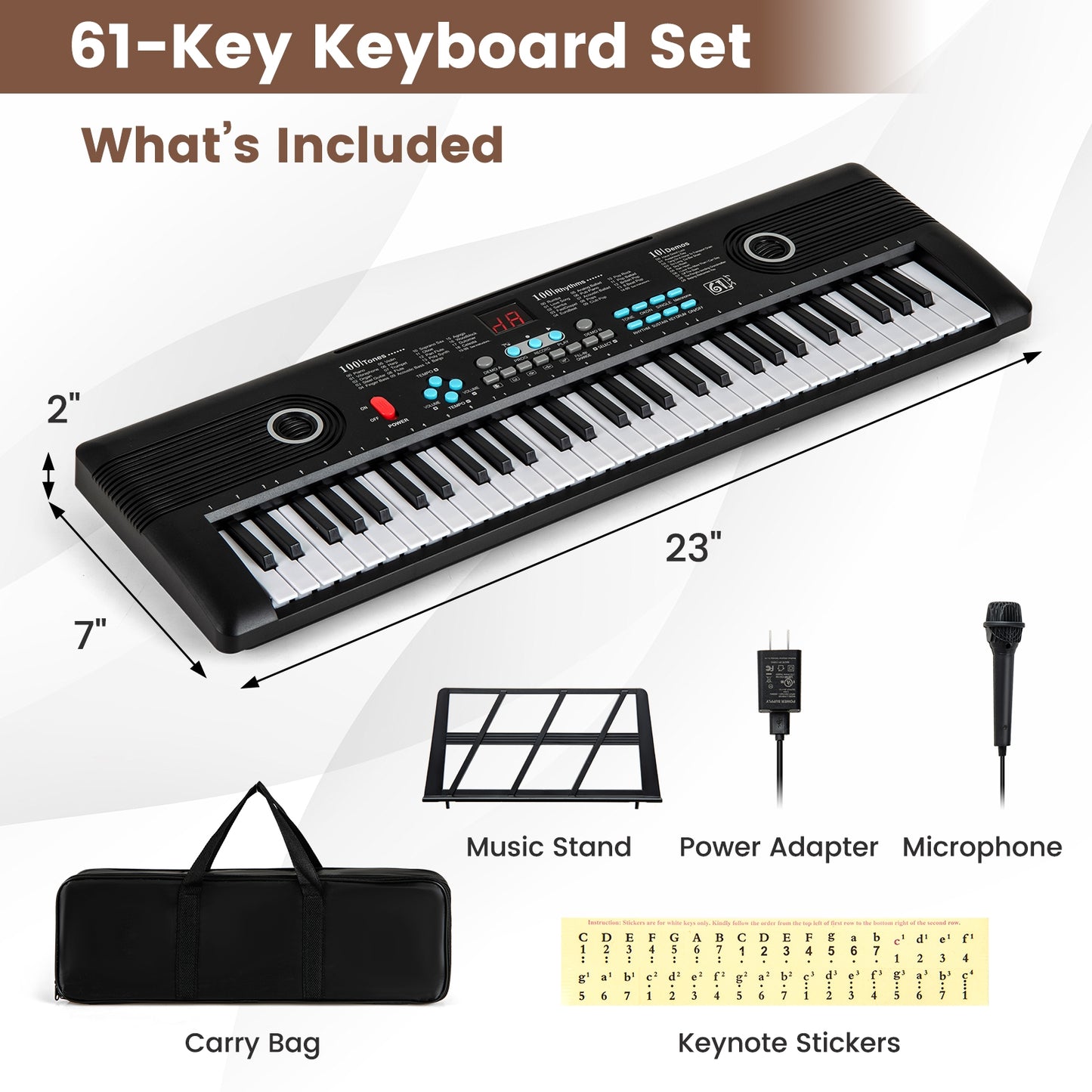61 Key Electric Portable Digital Keyboard Piano for Beginner-Black