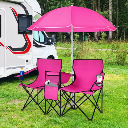Portable Folding Picnic Double Chair With Umbrella-Black