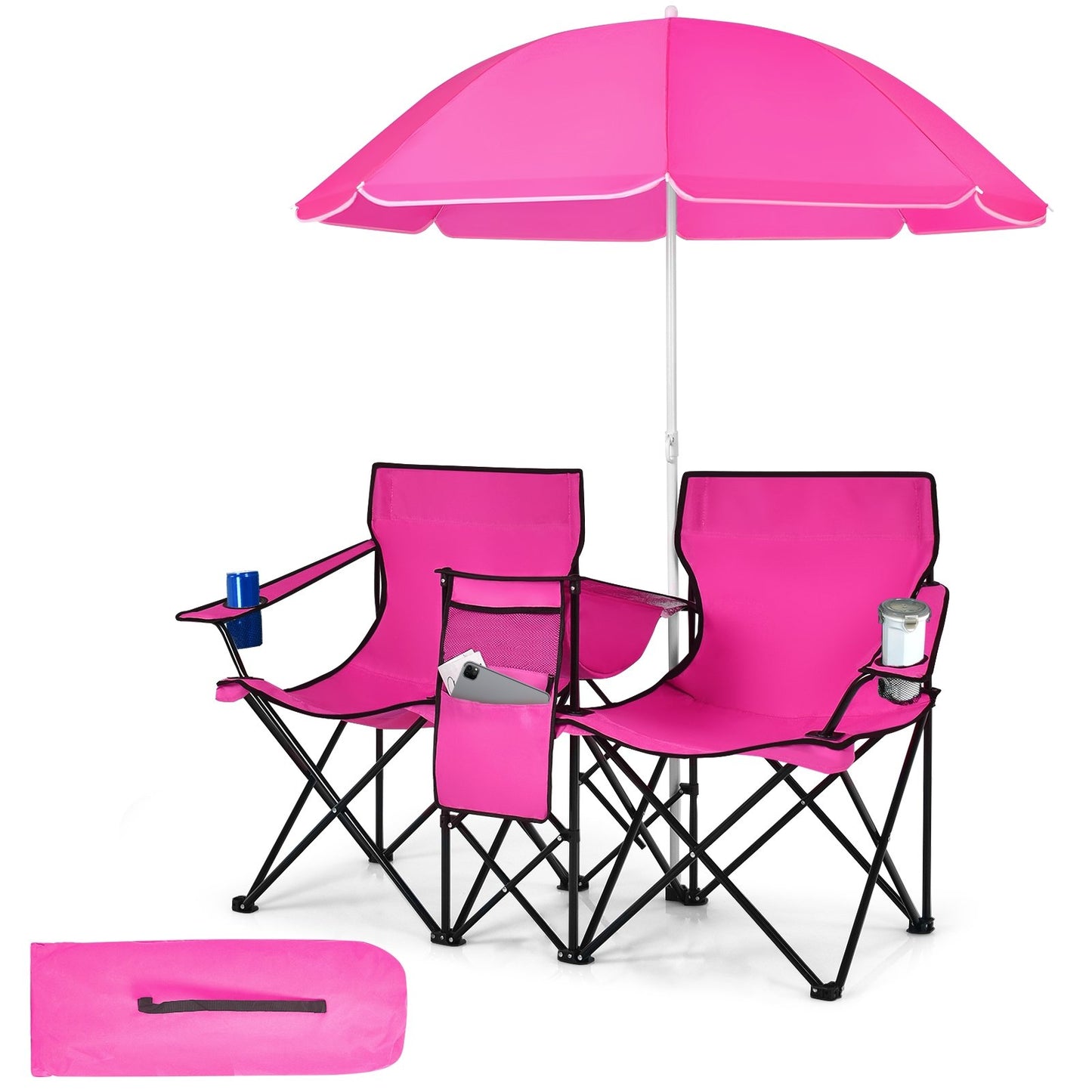 Portable Folding Picnic Double Chair With Umbrella-Black