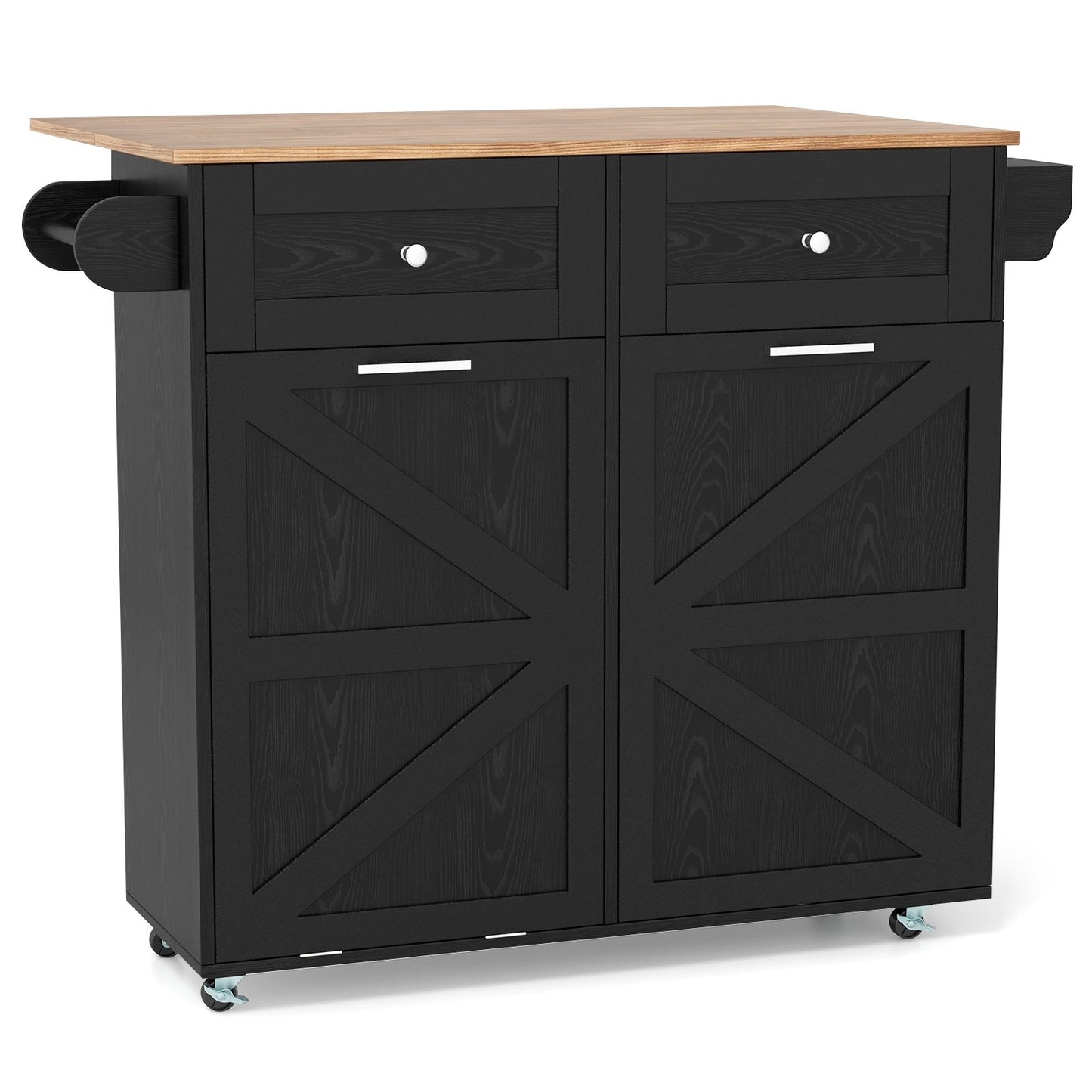 Rolling Kitchen Island with Trash Can Cabinet and Rubber Universal Wheels-Black