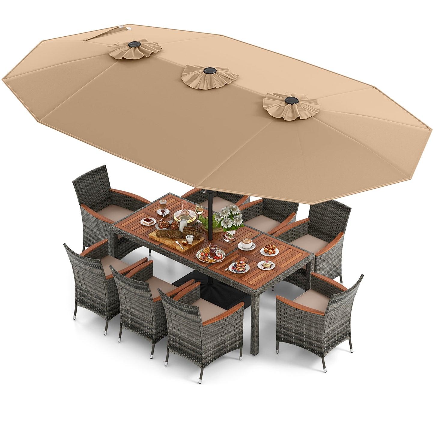 10 Pieces Patio Wicker Dining Set with 15 Feet Double-Sided Patio Umbrella-Brown
