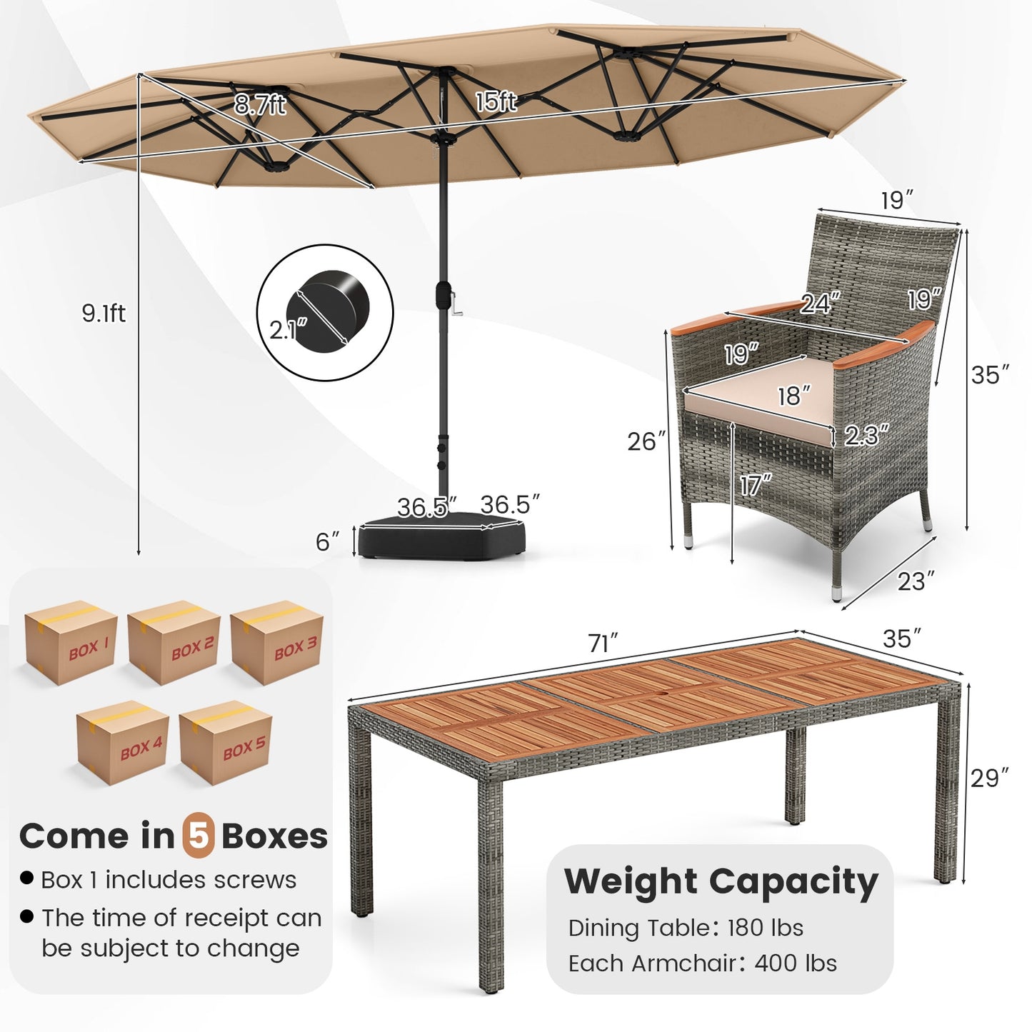 10 Pieces Patio Wicker Dining Set with 15 Feet Double-Sided Patio Umbrella-Brown