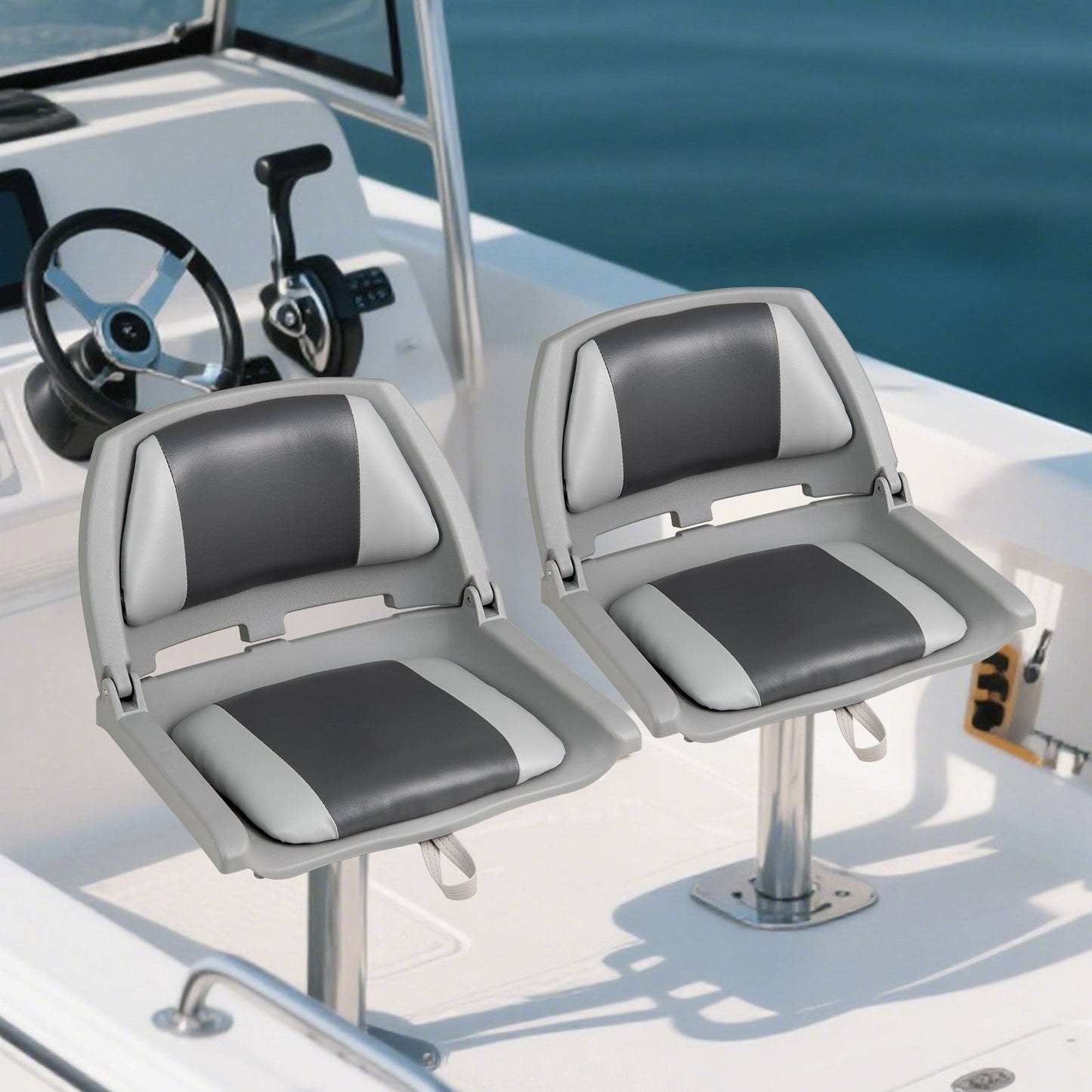 Boat Seat Folding Low Back Boat Chair with Marine-Grade PVC-Gray