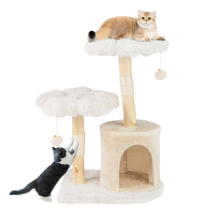 Cute Solid Wood Cat Tree Natural Branch Modern Flower Cat Tower with Sisal Scratching Posts-Beige