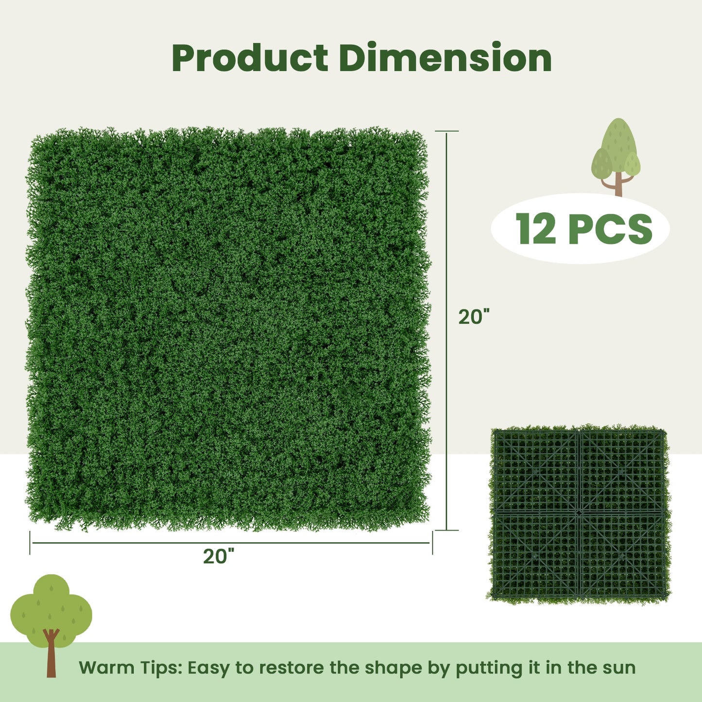 12 Pieces 20 x 20 inches Artificial Grass Wall Panels for Garden Yard Balcony-Green