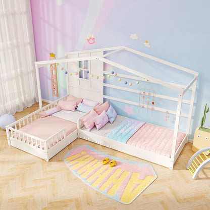 L-shaped Double Twin Beds House Platform Beds with Fences Corner Bed Frame-Gray