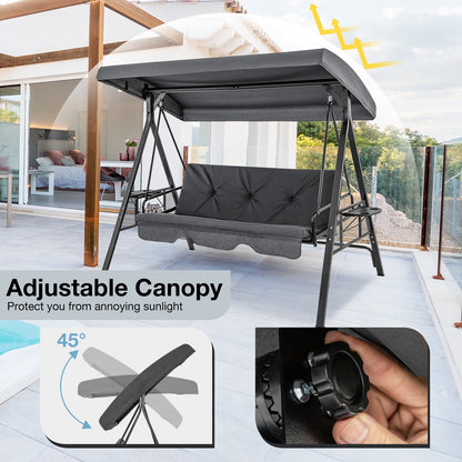 Convertible 3-Seat Patio Porch Swing Chair to Flat Bed with Adjustable Canopy-Gray