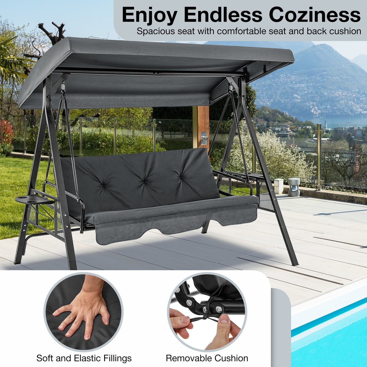 Convertible 3-Seat Patio Porch Swing Chair to Flat Bed with Adjustable Canopy-Gray