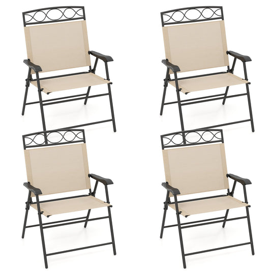 Set of 4 Patio Folding Chairs Set Dining Chairs with Armrests-Beige