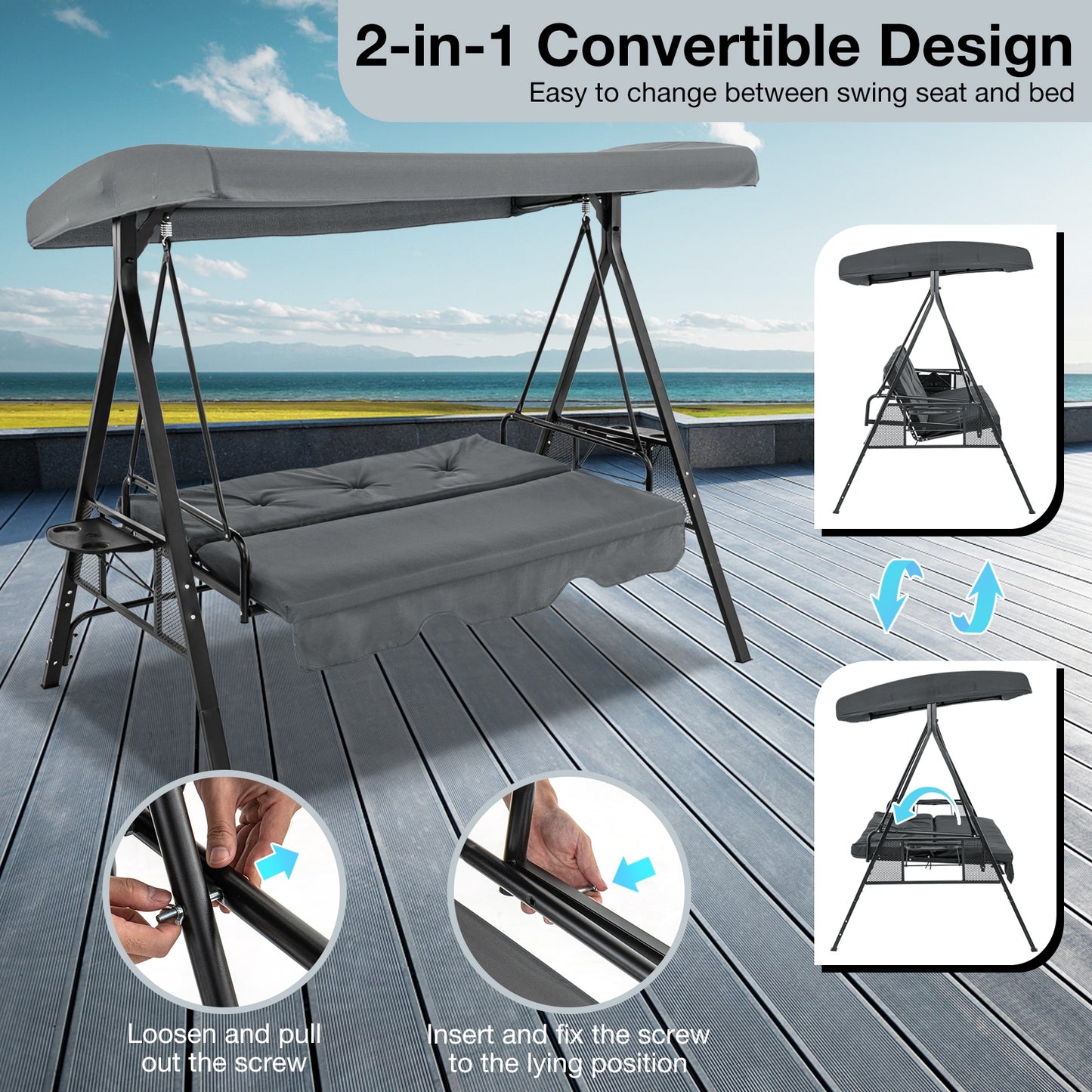 Convertible 3-Seat Patio Porch Swing Chair to Flat Bed with Adjustable Canopy-Gray