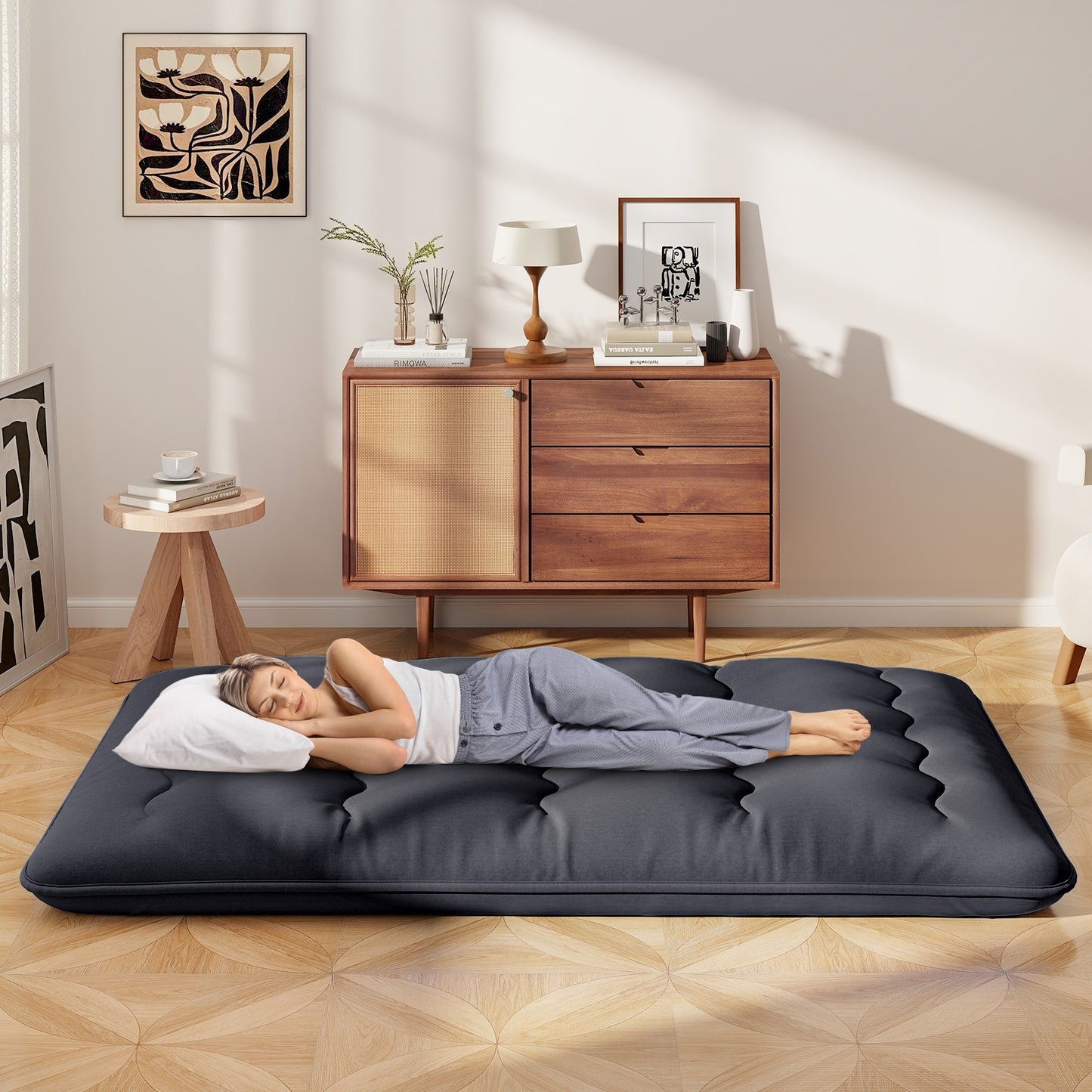 Full-size futon mattress with washable cover and foldable design, perfect for bedroom furniture from Wilsons Home Store.