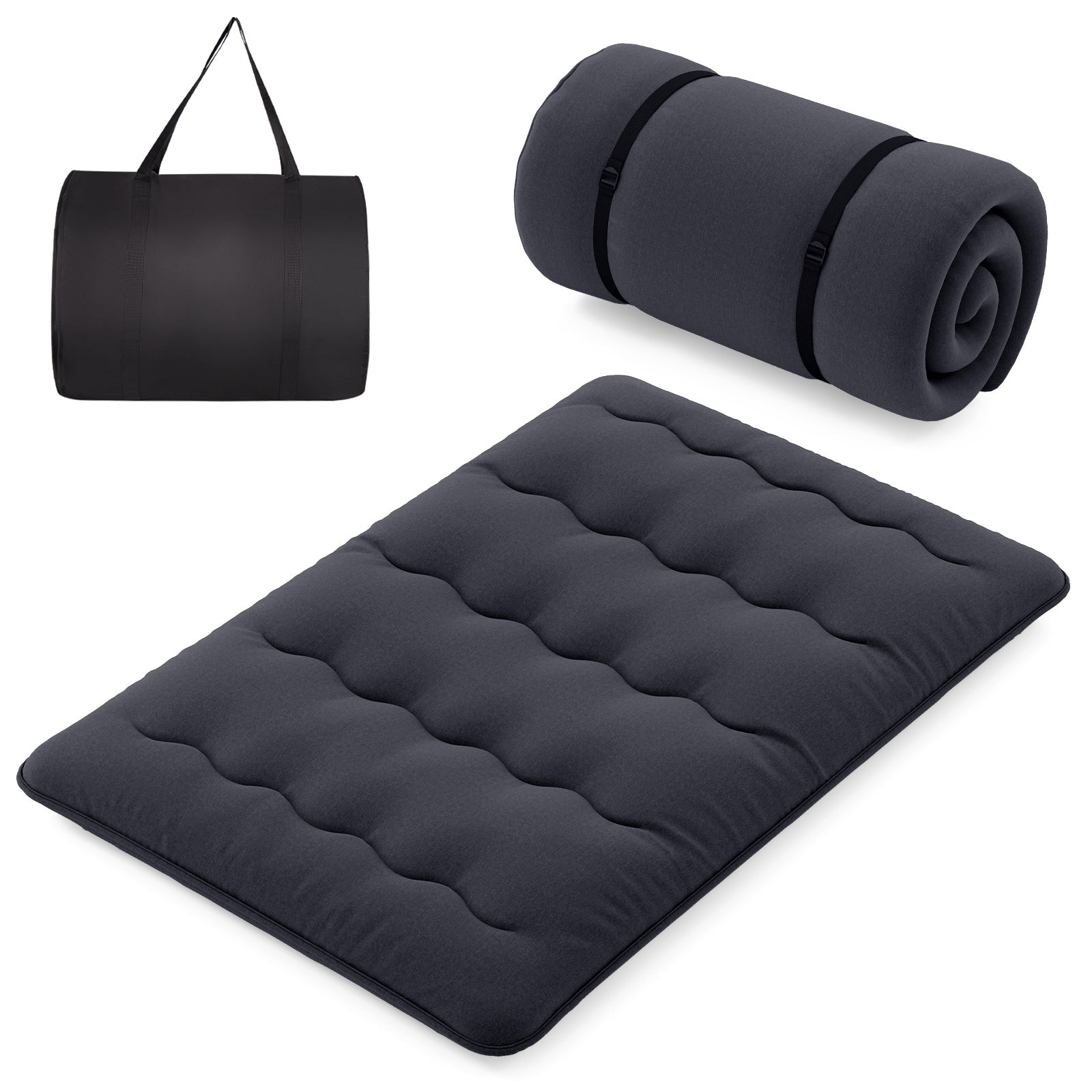 Full-size Wilsons Home Store futon mattress with washable cover and foldable design, shown on a bedroom floor.