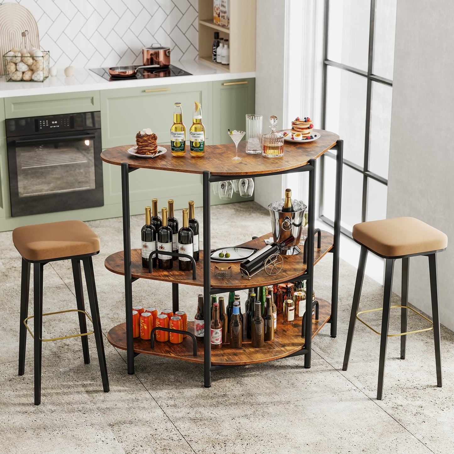3-Tier Liquor Bar Table with Stemware Racks and Storage Shelves-Black