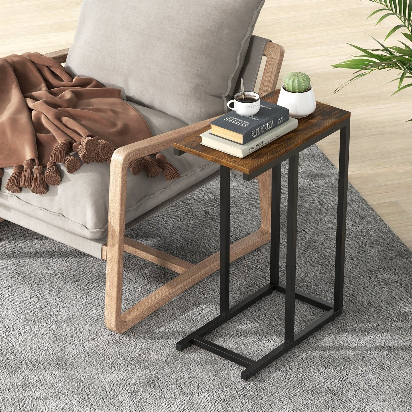 C-shaped Side Table with Heavy-duty Metal Frame-Black