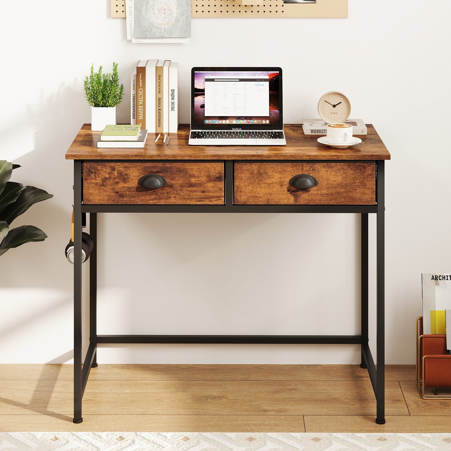 Space Saving Home Office Desk with 2 Fabric Drawers and 4 Hanging Hooks-Rustic Brown