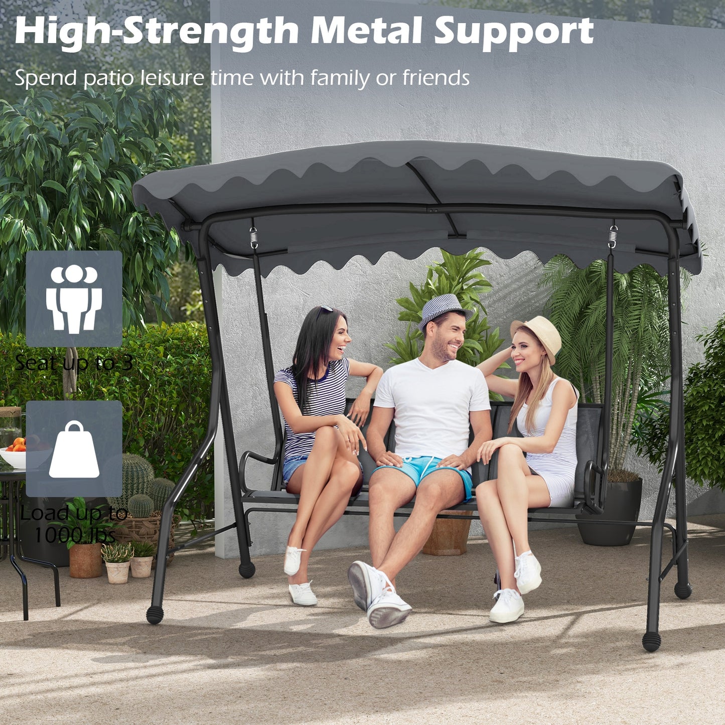 3-Seat Outdoor Porch Canopy Swing with Adjustable Shading-Gray