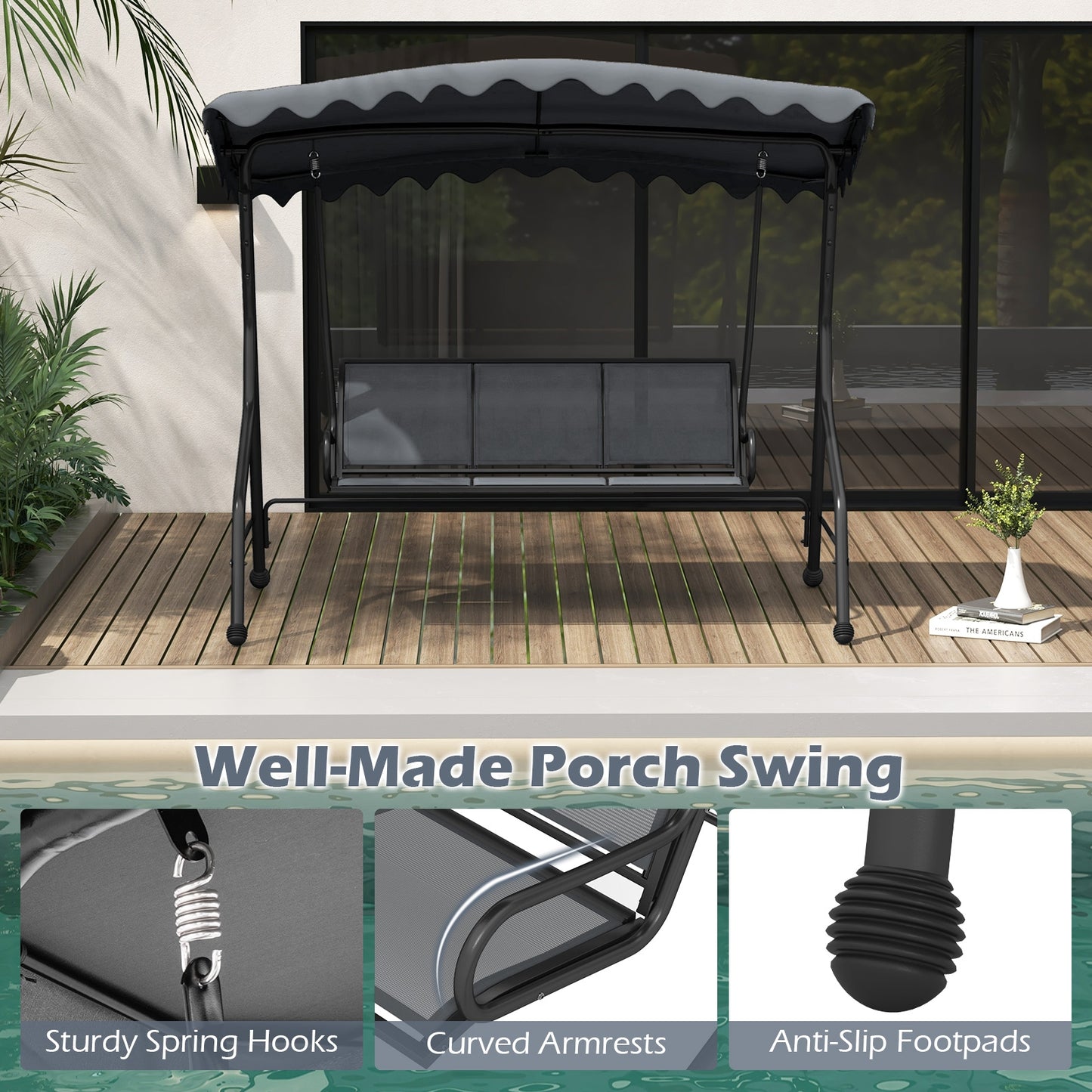 3-Seat Outdoor Porch Canopy Swing with Adjustable Shading-Gray