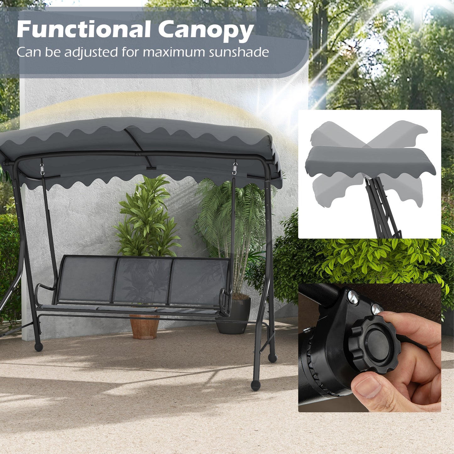 3-Seat Outdoor Porch Canopy Swing with Adjustable Shading-Gray