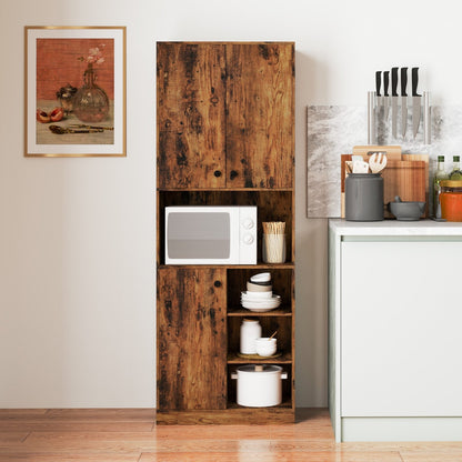 Kitchen Pantry Storage Cabinet with Microwave Stand and Open Shelves-Rustic Brown