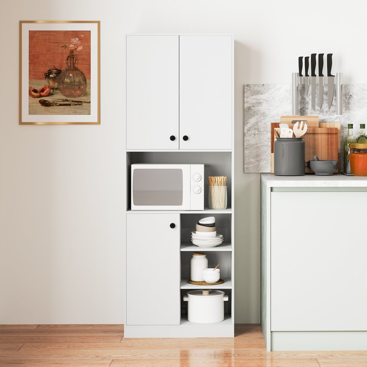 Kitchen Pantry Storage Cabinet with Microwave Stand and Open Shelves-Rustic Brown
