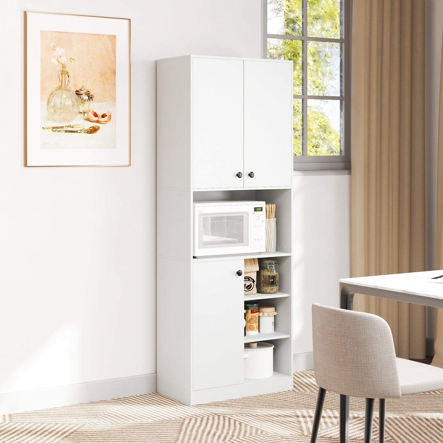 Kitchen Pantry Storage Cabinet with Microwave Stand and Open Shelves-Rustic Brown