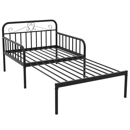 Extendable Metal Daybed to Twin Size Bed with Guardrails and Armrests-Black
