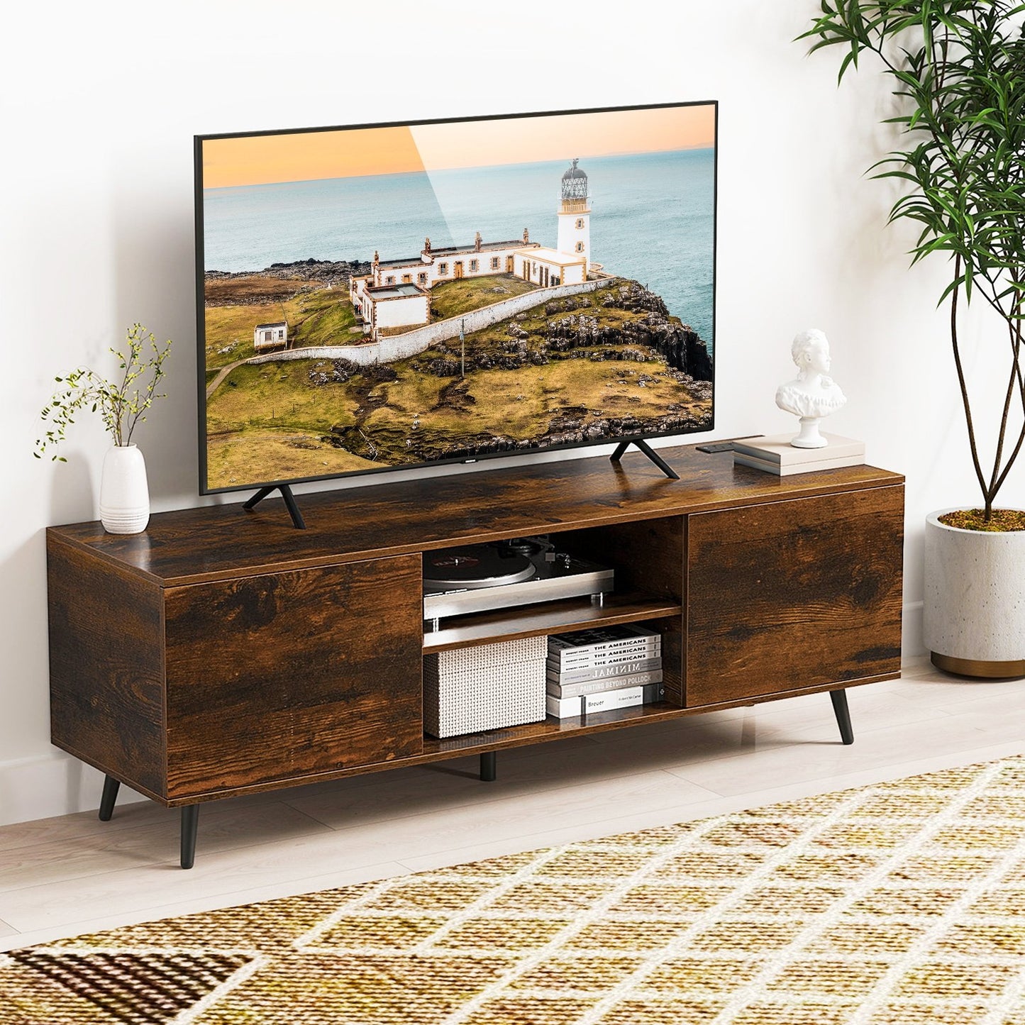 TV Stand with Power Outlets and Adjustable Shelf for 60 Inch TVs-Black