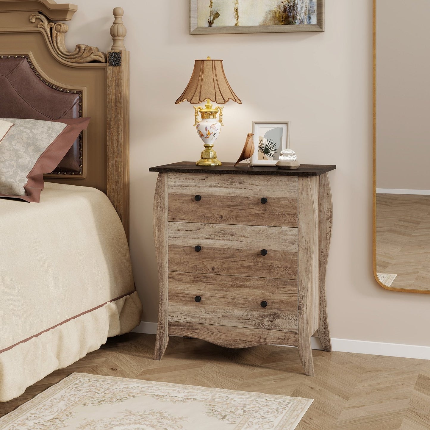 Dresser for Bedroom with 3 Folding Fabric Drawers and Anti-tipping Kit-Brown