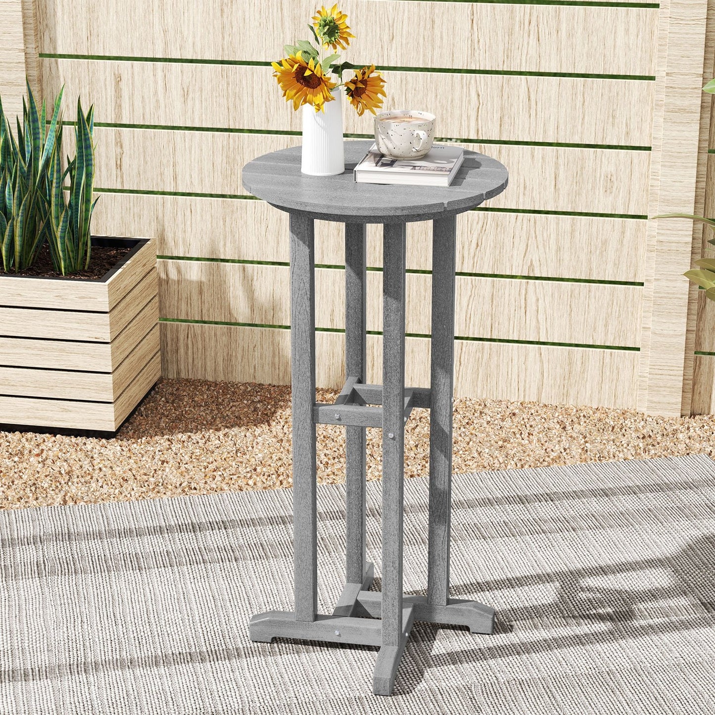21.5 Inch Round Bar Table Patio HDPE Bar Height Dining Table with Slatted Tabletop-Black